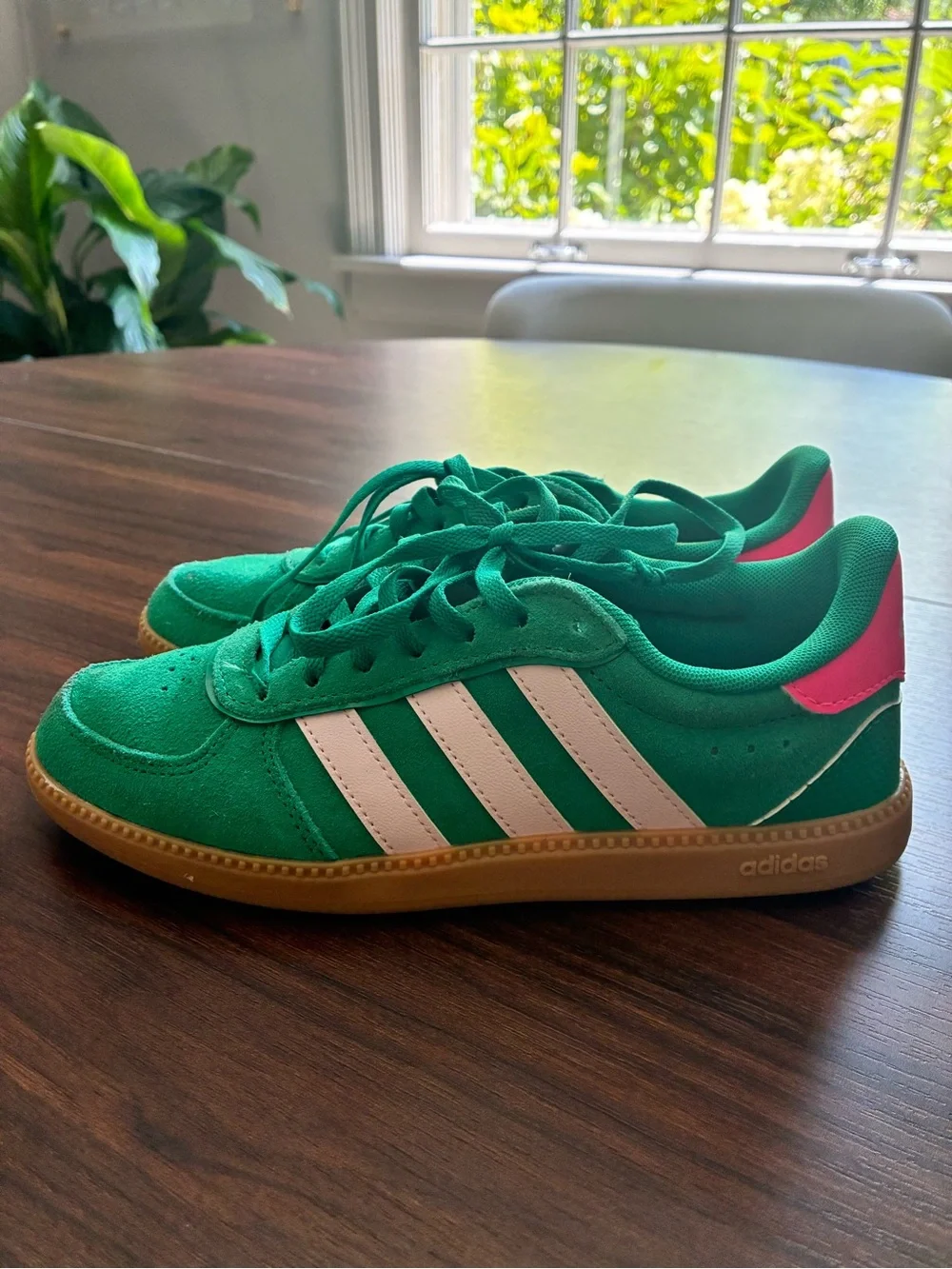 adidas Kids Green Suede Sneakers with White Stripes and Pink Heel